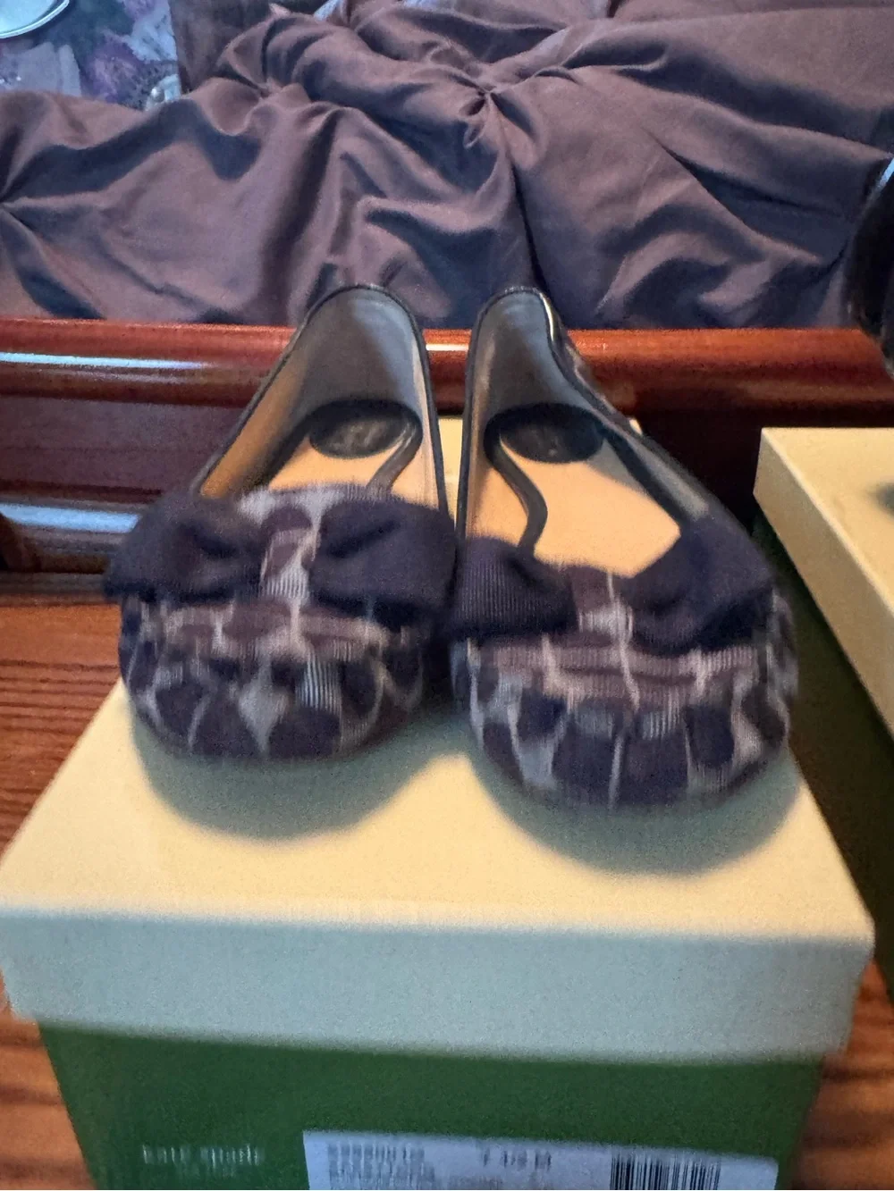 kate spade Navy Logo Pattern Patent-Trim Ballet Flats with Bow